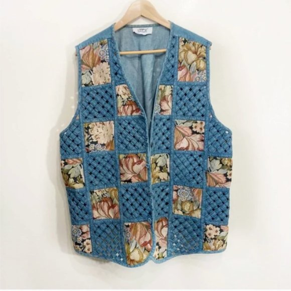 Vintage Jackets & Blazers - Vintage 90s Vest Denim Weave Embroidered Oversized Button Front